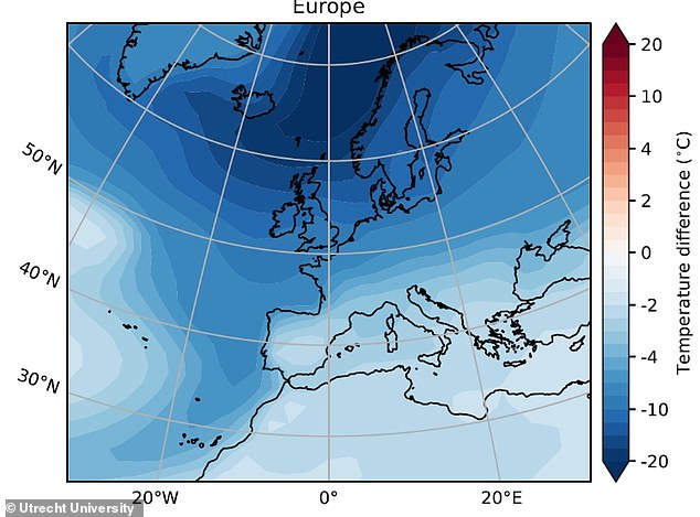 Previous research (pictured) suggests that the collapse of a large ocean current system called the AMOC could cause temperatures to decline by more than 5.4°F (3°C) every 10 years.