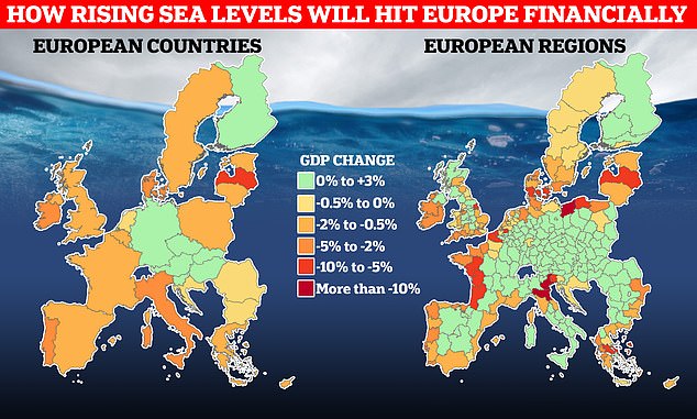 The cost of sea level rise will be deducted from each country's gross domestic product (GDP). This map shows the most affected countries (with the largest decrease in GDP due to the cost of sea level rise) in red and orange, and the least affected in green.