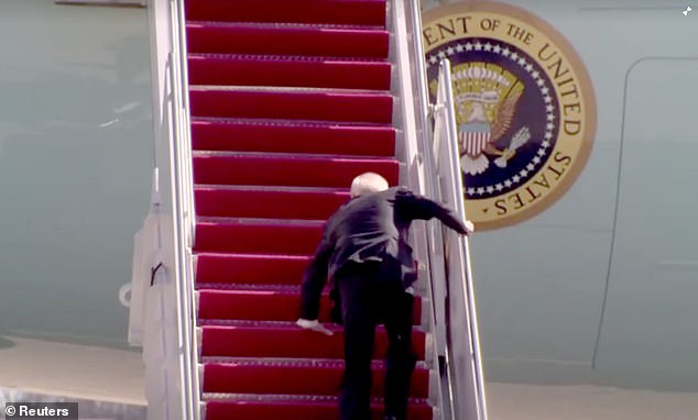 Biden was photographed tripping on the stairs of Air Force One in Atlanta, Georgia, in 2021. The stairs have since been shortened.