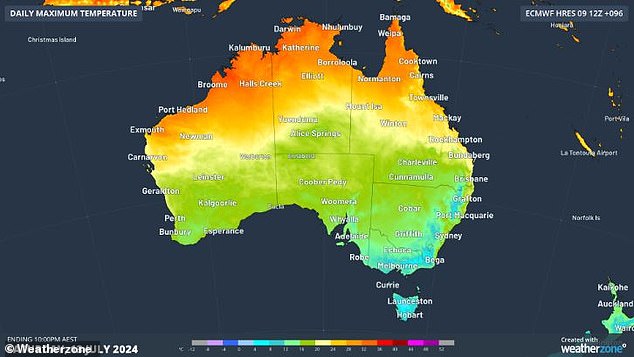 A prolonged eruption of icy air from Antarctica will cause temperatures to plummet (image shows Weatherzone map)