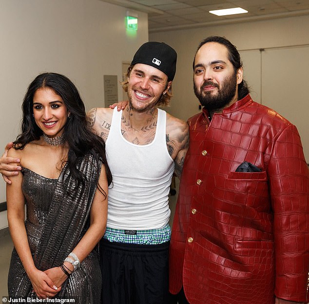 Justin just returned from India, where he was reportedly paid $10 million to perform at the pre-wedding party of billionaire Anant Ambani (right) and his fiancée Radhika Merchant (left) in Mumbai last Friday.