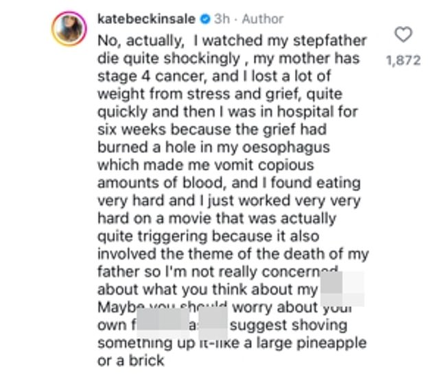 Kate responded to the cruel comments and explained that there were several reasons for her changed figure, including a six-week stay in hospital.