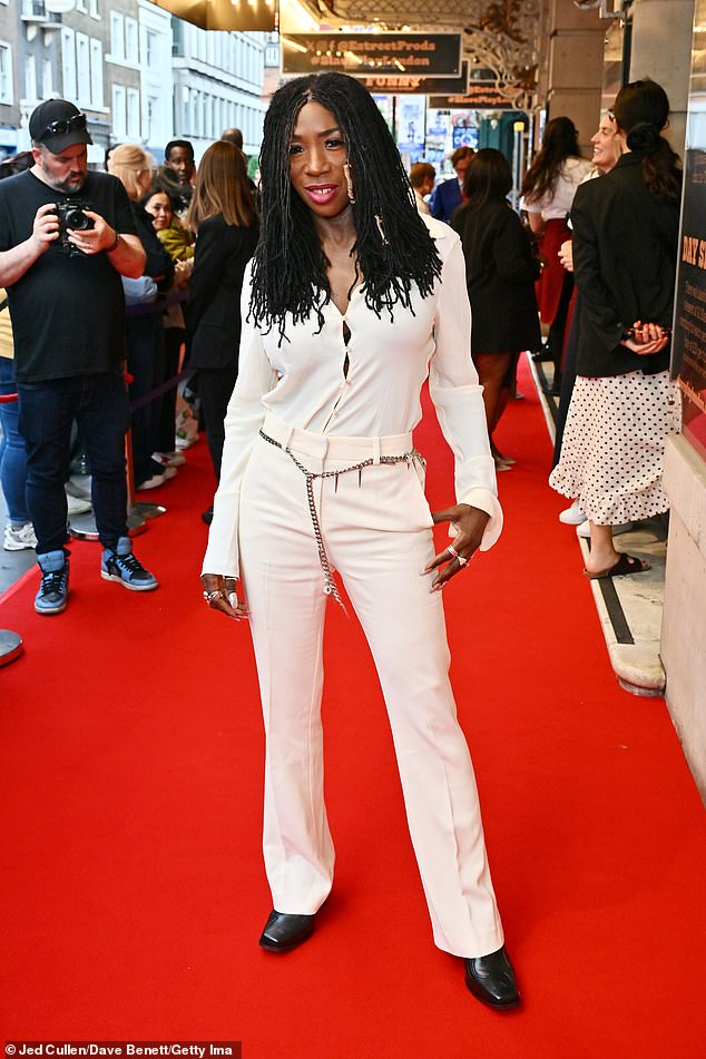 Heather Small cut a glamorous figure in a white blouse and trousers.