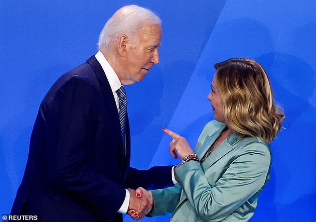 Over here: President Joe Biden greeted Italian Prime Minister Giorgia Meloni at the NATO summit in Washington. She greeted him last month at the G7 in Bari, Italy, and at one point guided him to a photo op