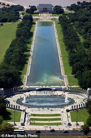 Pictured are the Lincoln Memorial and the National World War II Memorial, with the reflecting pool.