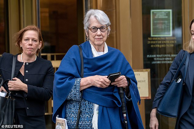 Jessica Leeds claimed Trump groped her on a plane in the 1970s. Leeds is pictured leaving Manhattan Federal Court on May 2, 2023 after testifying in a civil case against Trump.