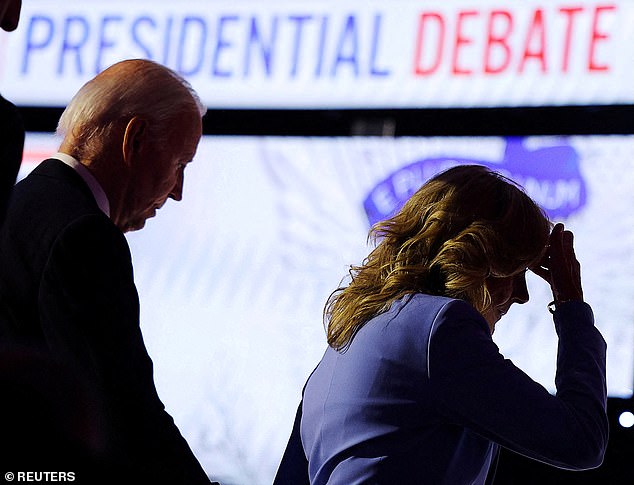 Joe Biden and Jill Biden walk off the debate stage after their poor performance