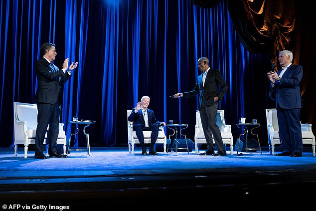 Stephen Colbert (far left) with Presidents Biden, Obama and Clinton at a campaign fundraiser on March 28 in New York City.