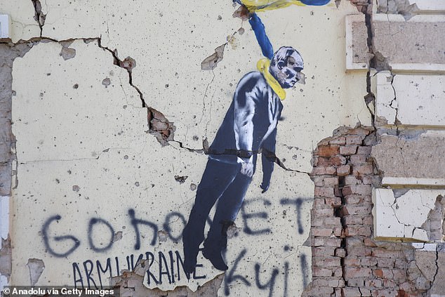 A view of a mural depicting Russian President Vladimir Putin in Kostiantynivka, Ukraine, June 30, 2024