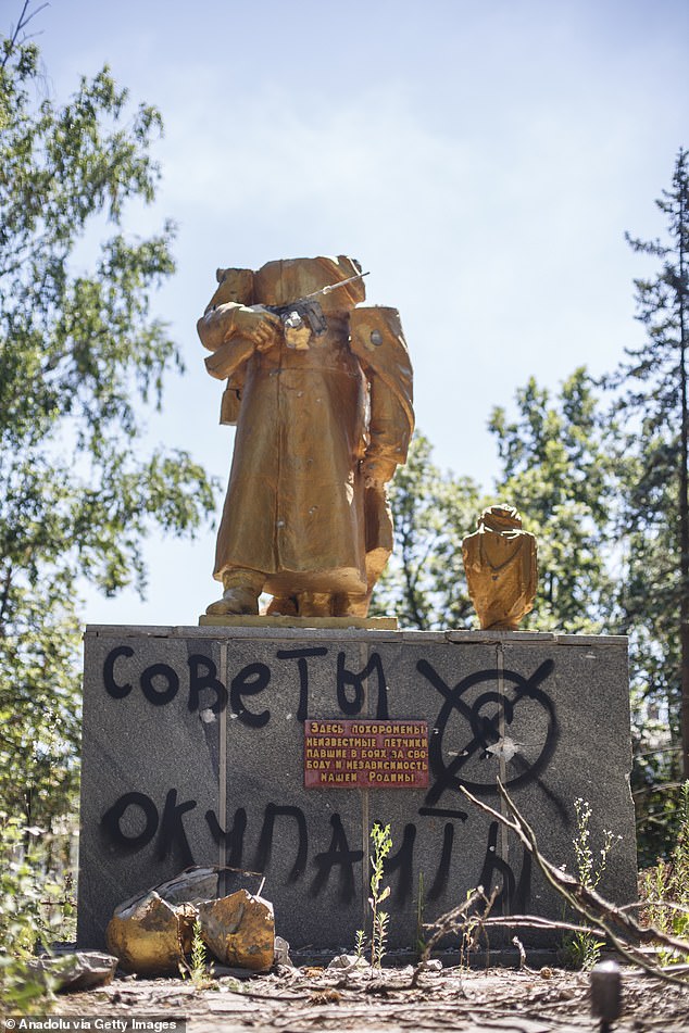 A destroyed statue in Chasiv Yar, Ukraine, on July 6, 2024