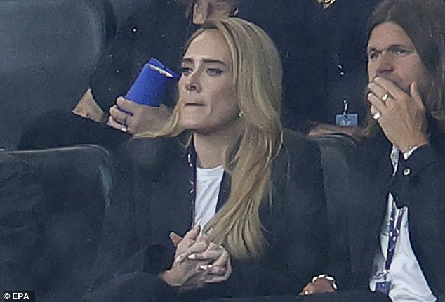 Adele looked focused as she nervously clasped her hands in the stands before England's Euro 2019 semi-final against the Netherlands in Dortmund, Germany, on Wednesday night.