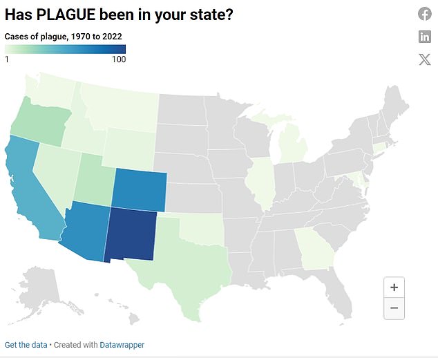 The map above shows the states that have recorded cases of plague over the past 50 years.