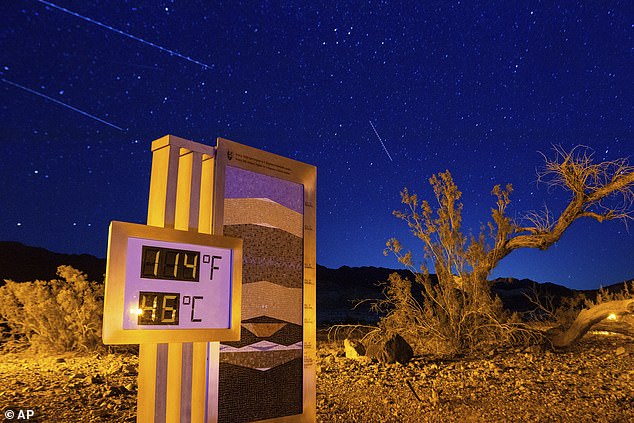 A long exposure image shows the temperature recorded on a thermostat at the Furnace Creek Visitor Center after 10 p.m. earlier this week in Death Valley National Park, California.