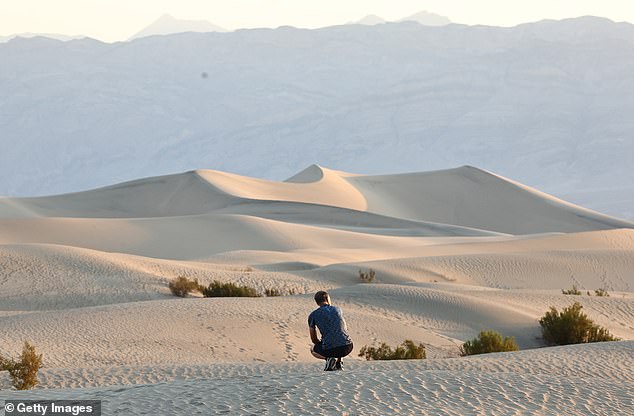 A visitor rests shortly after sunrise, when temperatures are less warm, at Mesquite Flat Sand Dunes