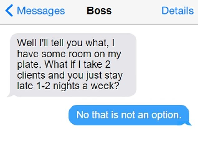 The boss eventually offered to take on two of Lucy's clients, which meant the employee would only have to stay late once or twice a week.