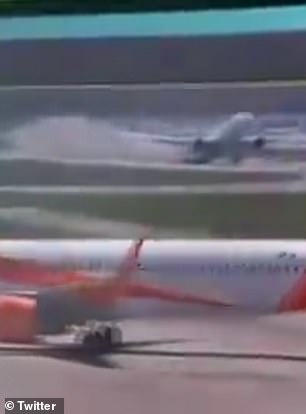 Video footage showed the plane, which can carry more than 500 passengers at a time, was unable to take off as smoke and debris flew behind it during the failed takeoff.