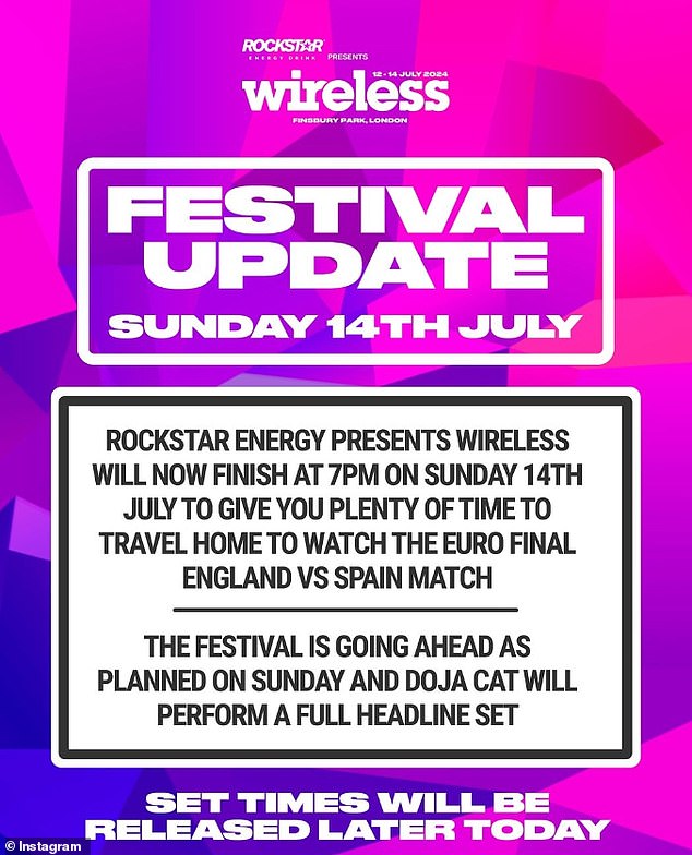 On Friday, a statement revealed that Wireless would end at 7pm on Sunday, an hour before England's Euro 2024 match.