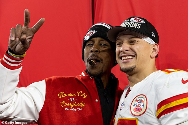 Patrick Mahomes of the Kansas City Chiefs celebrates with his father after a victory