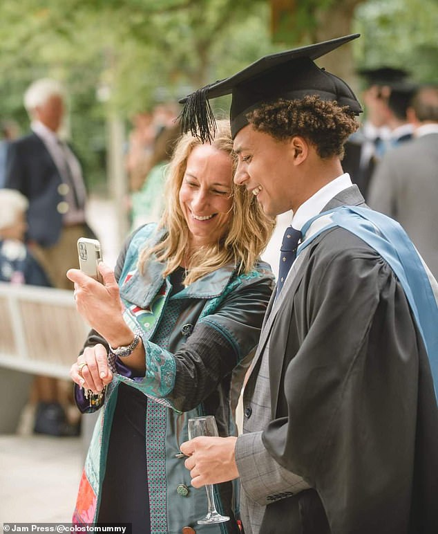 In 2000, Prance was fitted with a mesh sling to support her bladder, which helped temporarily but left her with pelvic pain that became chronic, she said. The pain was so severe that she was also forced to give up her fitness job in the NHS. Pictured: Prance and her son at her graduation six months after her stoma surgery