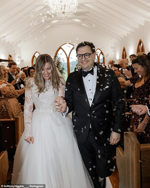 The health update comes just over a month after Ms Higgins married Mr Sharaz in front of around 80 guests at The Valley Estate on July 1 (the couple are pictured at the wedding).