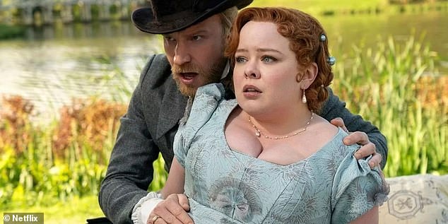 The English actor, 40, who plays Lord Debling in the period drama, saved Nicola Coughla's character Penelope Bridgerton from an errant hot air balloon (pictured)