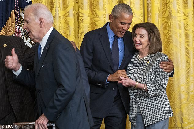 Nancy Pelosi, seen above with Barack Obama and Joe Biden in the White House in 2022, is one of the few people who could tell Biden to resign.