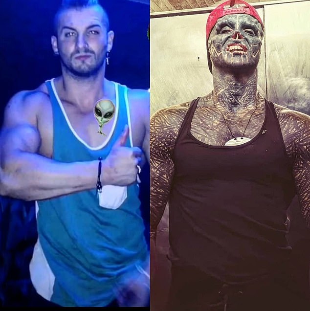 Mr. Loffredo is pictured above before his transformation (left) and after countless surgeries. He is part of the extreme body modification community.