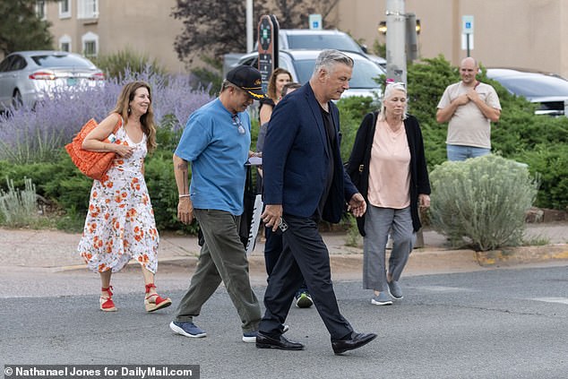 Baldwin looked carefree as he walked into a Mexican restaurant wearing a black T-shirt, a blue blazer and blue pants.