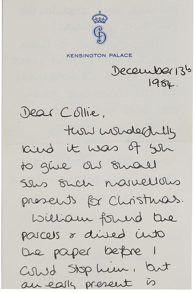 In her letter of December 13, 1984, Diana thanks Collie for the Christmas presents purchased for her sons, Prince William and Harry.