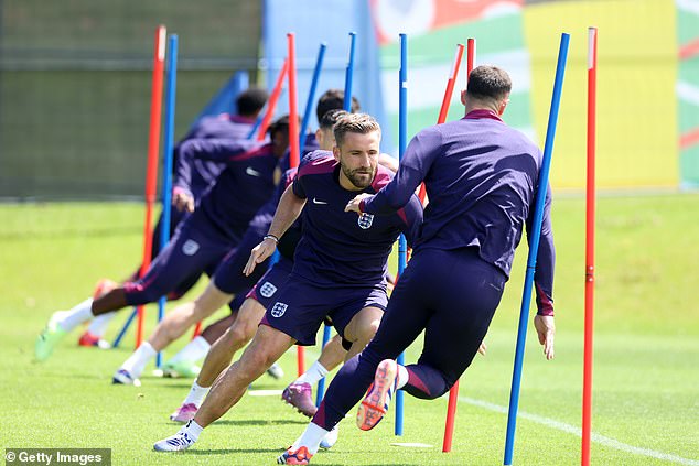 Luke Shaw (centre) has been able to regain his fitness during the tournament, having been sidelined through injury since February.