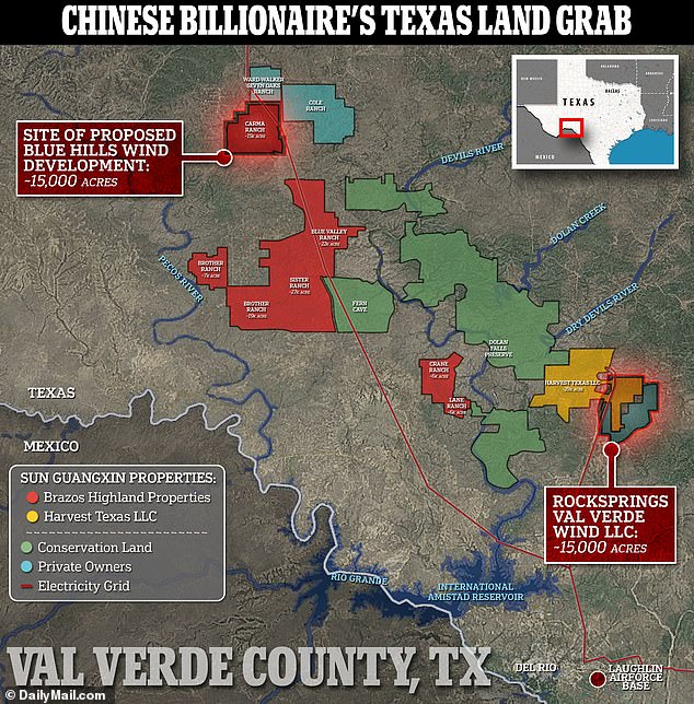 Sun's unprecedented land grab means it owns 7 percent of all land in Val Verde County through its subsidiary companies Brazos Highland and Harvest Texas. The site of its wind farm project is in the northeast of the county, but it already receives royalties from wind turbines operated on its land by a French company in Rocksprings.