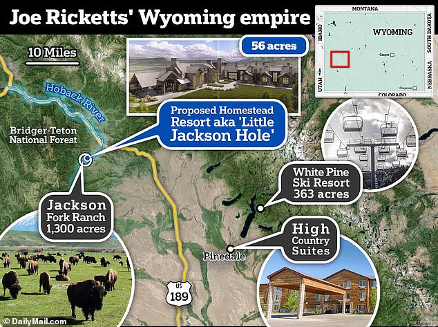 Ricketts has amassed a real estate empire in Sublette County, Wyoming, and has also acquired a luxury ski resort and hotel in the area just south of Teton County's most popular tourist spots.