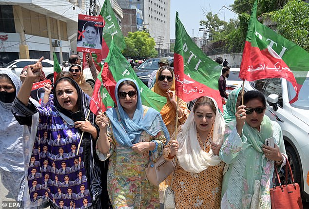 Supporters of former Prime Minister Imran Khan, founder of the opposition Pakistan Tehreek-e-Insaf (PTI) party, celebrate after a court verdict overturned Khan's illegal marriage conviction.