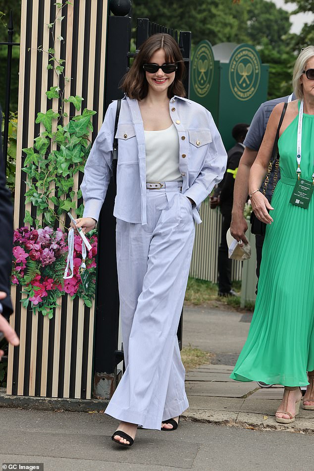 The Crown actress Meg Bellamy attends day 13 of the Wimbledon Tennis Championships