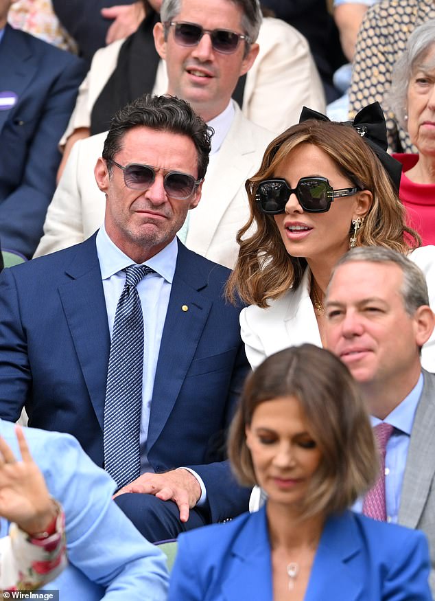 Pictured: Hugh Jackman and Kate Beckinsale on Centre Court on Saturday