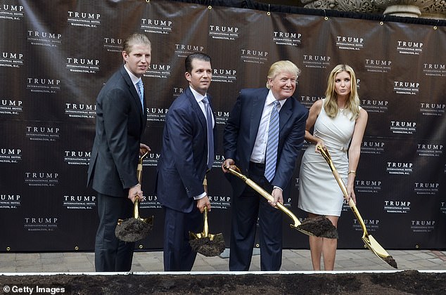 Eric Trump, Donald Trump Jr., Donald Trump and Ivanka Trump attend the groundbreaking ceremony for the Trump International Hotel Washington, DC, at the Old Post Office, July 23, 2014 in Washington, DC