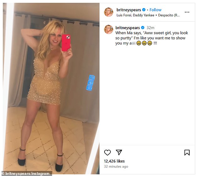 In one post, the pop star wore a sheer mesh minidress covered in rhinestones, which she layered over a nude-hued, low-cut corset. She wrote a provocative caption alongside the clip.