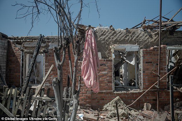 General view of a private house with its roof destroyed after the Russian attack on July 8, 2024 in Kharkiv, Ukraine