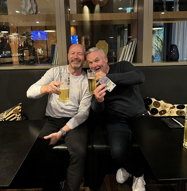 The BBC commentator made good on his promise to buy Alan Shearer, left, a beer after the co-commentator expressed his frustration following England's dismal 1-1 draw with Denmark.