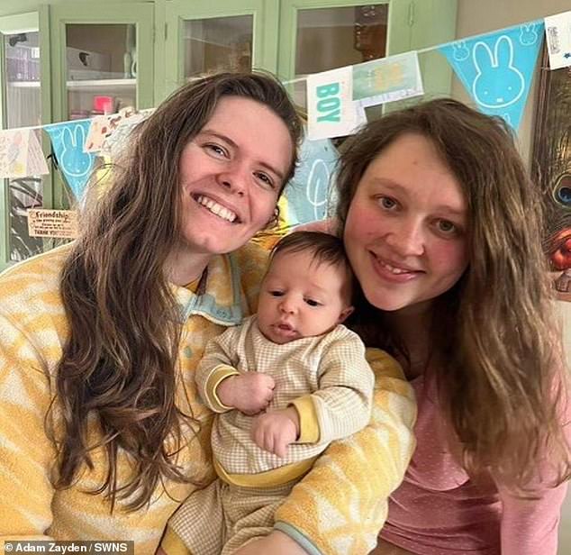 Jade (pictured left), 29, and her wife Eefje (pictured right), 30, welcomed their son (pictured centre) in March last year.