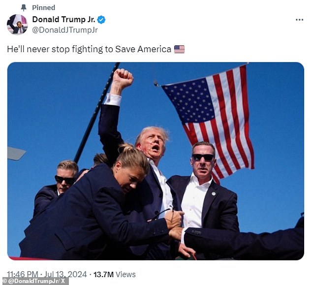 His son Donald Trump Jr. posted the image on his X account and it has been viewed more than 13 million times.