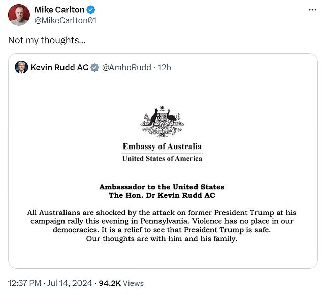 Mike Carlton has been criticised by critics for dismissing Kevin Rudd's statement, which expressed a tough stance against violence in politics and relief at Trump's safety.