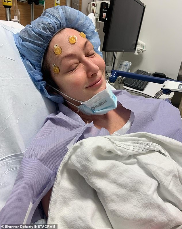 Doherty, who played Brenda Walsh in the hit 90s series, was diagnosed with breast cancer in 2015. (Pictured: Doherty in March undergoing radiotherapy)