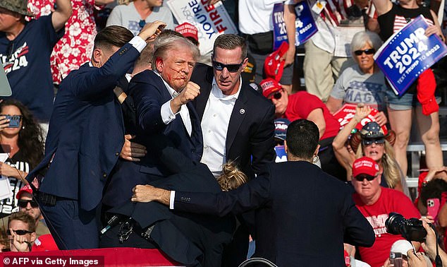 Trump is seen with blood on his face surrounded by Secret Service agents as he is led off the stage.