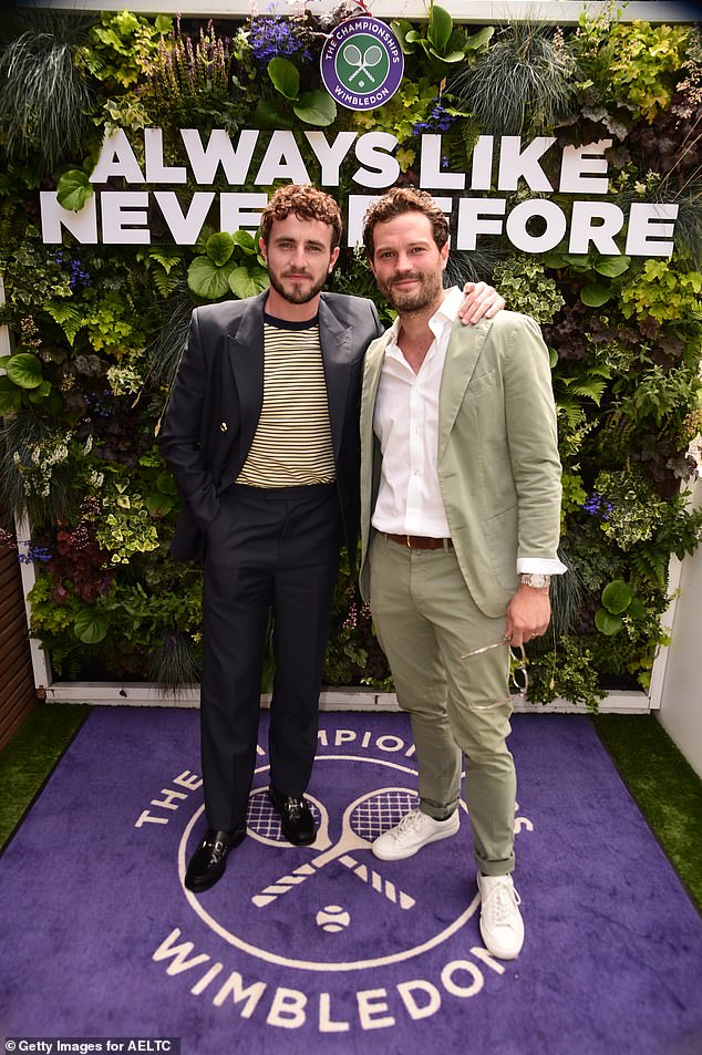 Jamie Dornan looked dapper in a pistachio-coloured suit as he posed with his friend and fellow actor Paul Mescal.