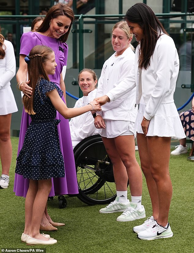 Nine-year-old Princess Charlotte looked in high spirits as she met 21-year-old tennis star Emma Raducanu.