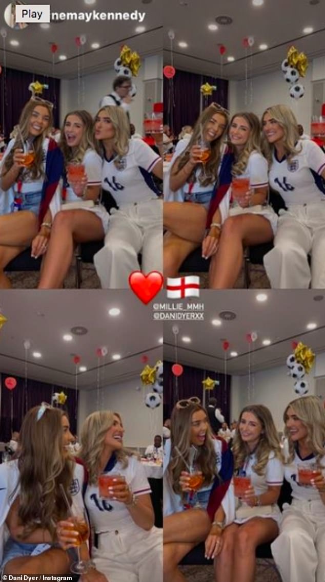 She paired her white England shirt with a pretty ruffled skirt as she posed with the other WAGs before the game.