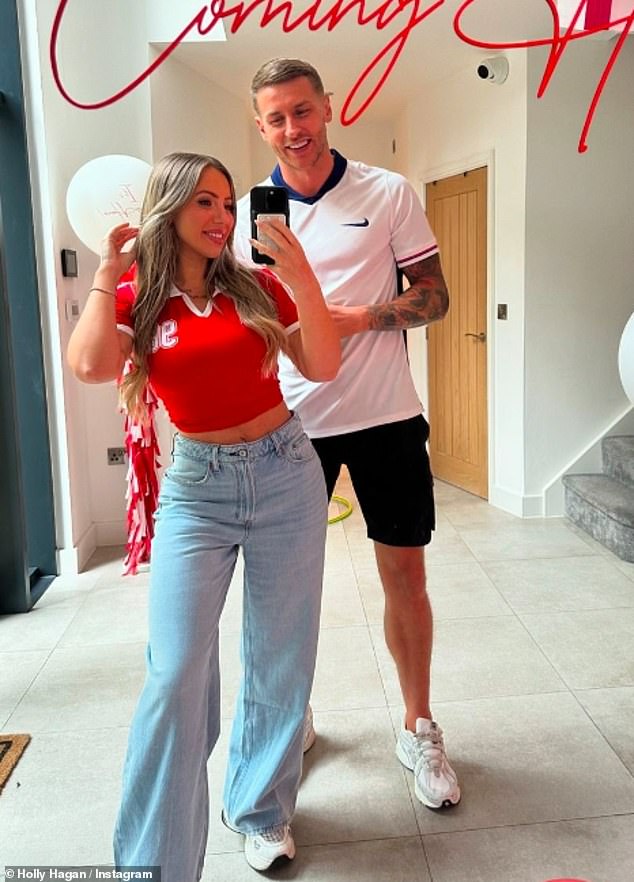 Elsewhere, Geordie Shore's Holly Hagan, 32, posed in a red England shirt and jeans with husband Jacob Blyth before the game.