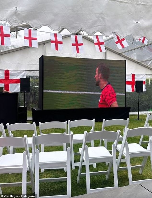 The former Love Island star cheered on the Three Lions from his manager's back garden as he watched the match on a huge outdoor screen.