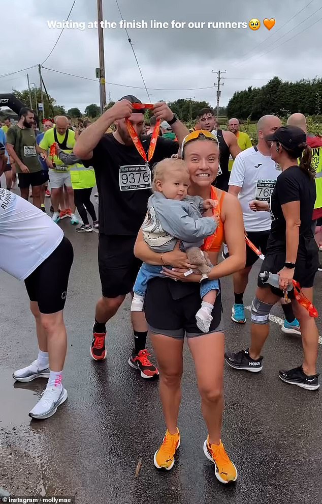 Molly-Mae waited on the sidelines with Bambi for her fiancé Tommy, Zoe and Danny to reach the finish line.